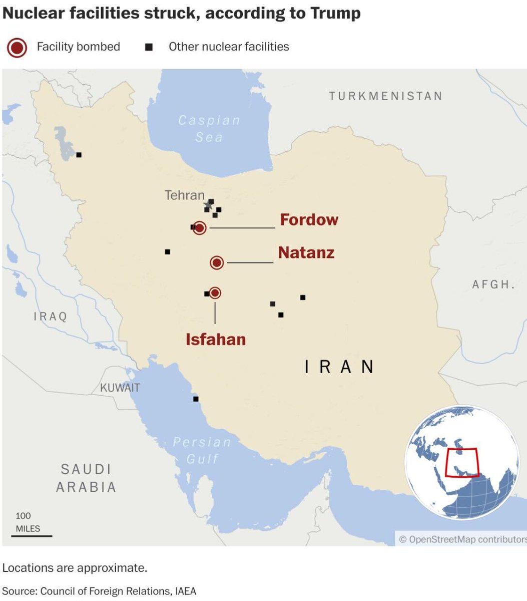washingtonpost's tweet photo. President Trump said U.S. strikes targeted Iranian nuclear facilities at Fordow, Natanz and Isfahan.

More live updates: https://t.co/HIQuY50g3d https://t.co/fanna3zmo3
