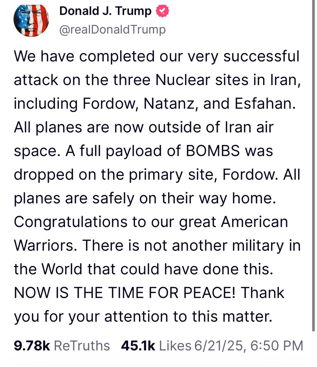 ChristopherS_DC's tweet image. President Trump says he’ll be addressing the nation tonight after “very successful” strikes against three nuclear sites in Iran.