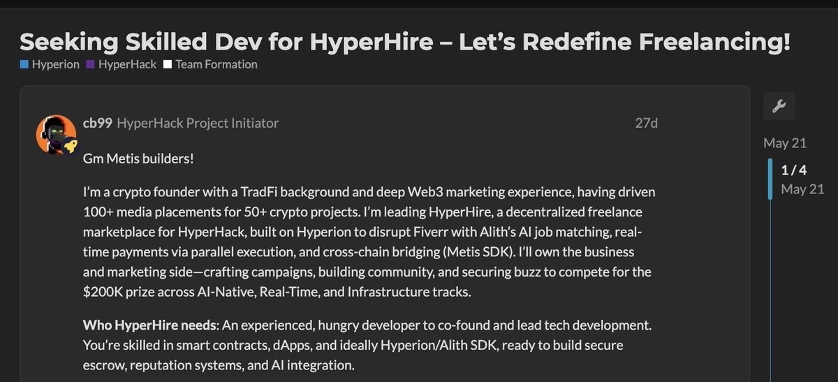 Here's one of the cool projects on the Hyperion Forum looking for skilled builders 👥

If you’re forming a team or want to join one, the Team Formation thread is the place to be.

Browse opportunities here: f.mtr.cool/hoyhkerfkp