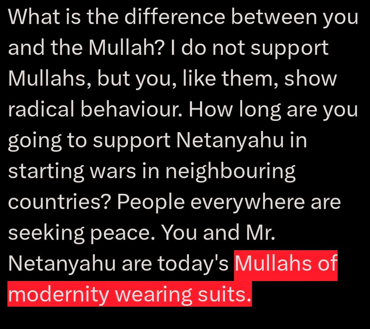 azadeh_fall131's tweet photo. @realDonaldTrump What is the difference between you and the Mullah? 
You and Mr. Netanyahu are today's Mullahs of modernity wearing suits. https://t.co/PXOskV7Rse