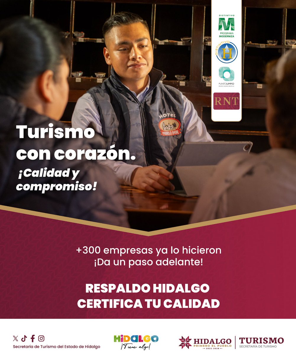 Más de 300 empresas hidalguenses han apostado por certificar y profesionalizar a su personal. 

Ofrecer un servicio de calidad es una prioridad para el estado de #Hidalgo. ✅

Recibir a los visitantes como se merecen es parte del compromiso con un turismo responsable.