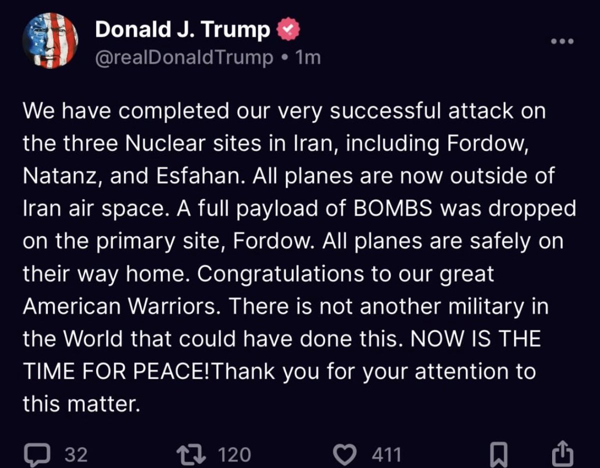 GM☀️📰:
Trump says the US has bombed all three nuclear facilities in Iran - all planes are safely out of Iranian airspace. All those B-2s were just a distraction.