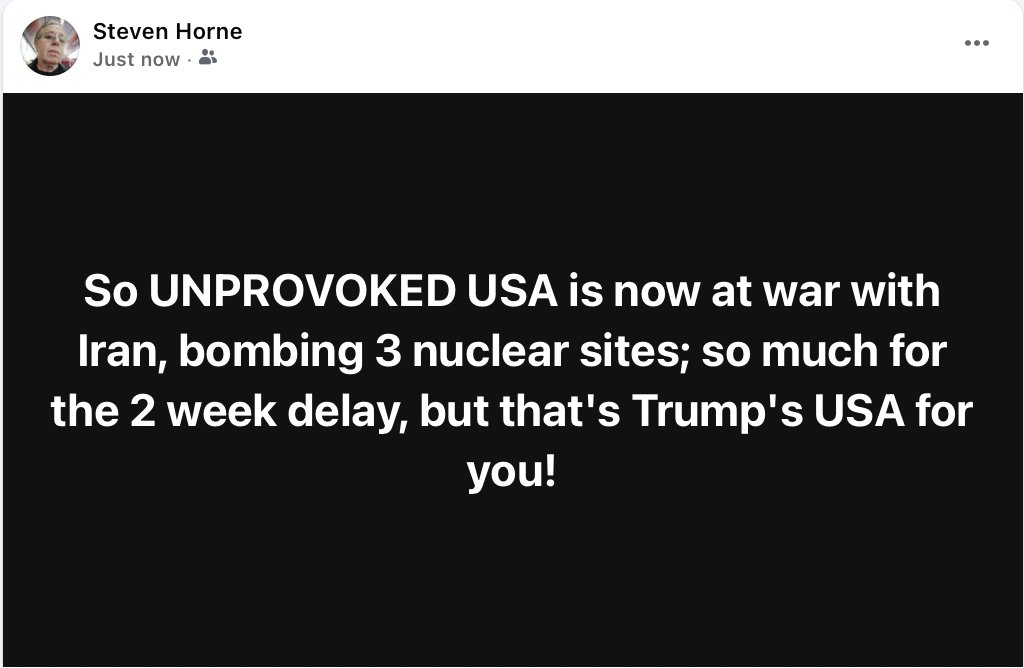 So fork-tongued USA is now at war with Iran, bombing 3 nuclear sites; so much for the 2 weeks delay, but that's Trump's USA for you, the dirtiest player in the game!
Only USA could have achieved this, he boasts; true enough, only UNPROVOKED Israel &amp; UNPROVOKED USA play this dirty