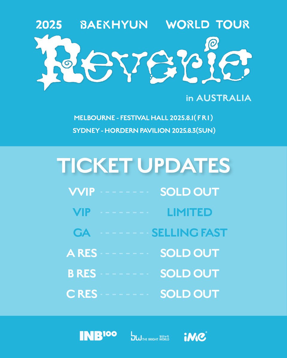 iMe_Australia's tweet image. 2025 BAEKHYUN WORLD TOUR &lt;Reverie&gt; in AUSTRALIA
⚡️LAST-MINUTE CALL! Tickets are selling fast! ⚡️
Limited VIP and GA available, secure your seats before all gone!
MELBOURNE
Date: FRIDAY, 01 August 2025
Venue: Festival Hall
Tickets available on Ticketmaster.com.au
SYDNEY…