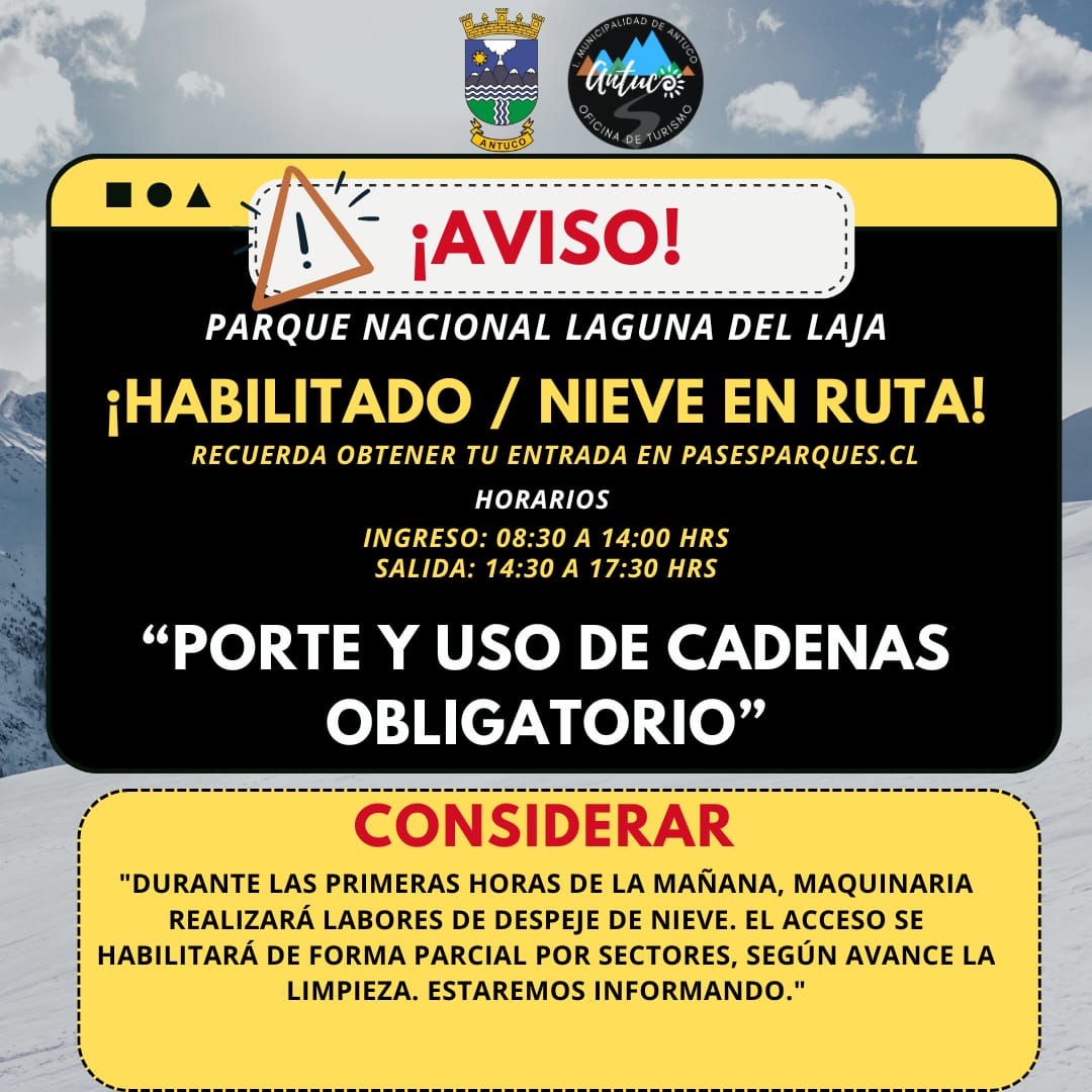 Atención queridos vecinos y visitantes: 👋⚠️ Información sobre las condiciones para acceder mañana domingo 22 al Parque Nacional laguna del Laja⛷️🏂

La <a href="/MuniAntuco/">MuniAntuco</a>, con información coordinada con la Corporación Nacional Forestal, CONAF, comparte la información: