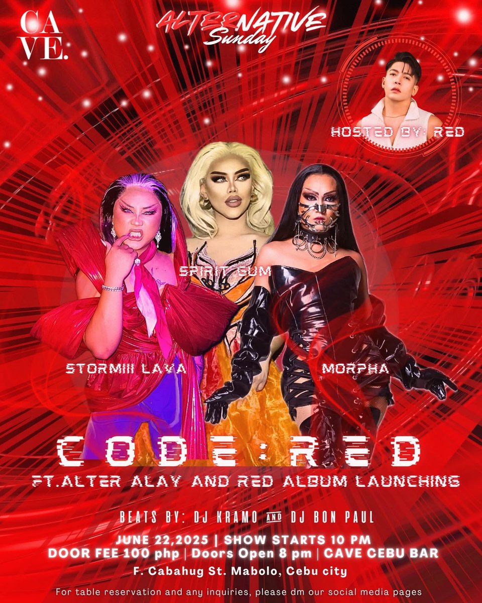 CAVECEBUBAR's tweet photo. Come join us tonight to celebrate the launch of our very own Red’s new single and let’s turn up the heat with @morphamua @stormiii_lava and @spiritgummm and our ALTER ALAY!!!
#AlterCebu https://t.co/5XgsVgMJg1