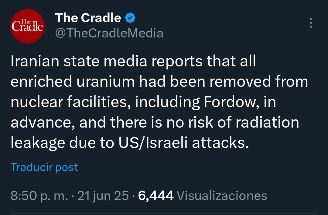 🇮🇷⚡️ Medios estatales de comunicación de Irán informan que todo el uranio enriquecido había sido retirado con antelación de las instalaciones nucleares, incluida Fordow, y que no hay riesgo de
fuga de radiación tras los ataques estadounidenses.