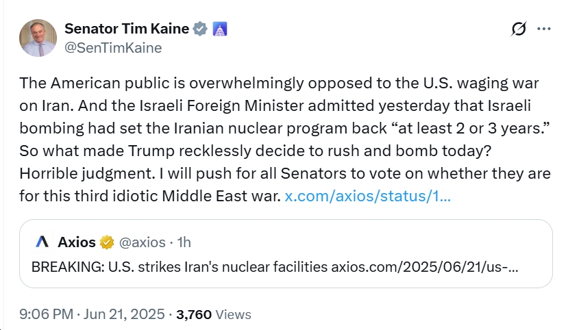 "So what made Trump recklessly decide to rush and bomb today? Horrible judgment. I will push for all Senators to vote on whether they are for this third idiotic Middle East war." - Sen. Tim Kaine bluevirginia.us/2025/06/virgin…