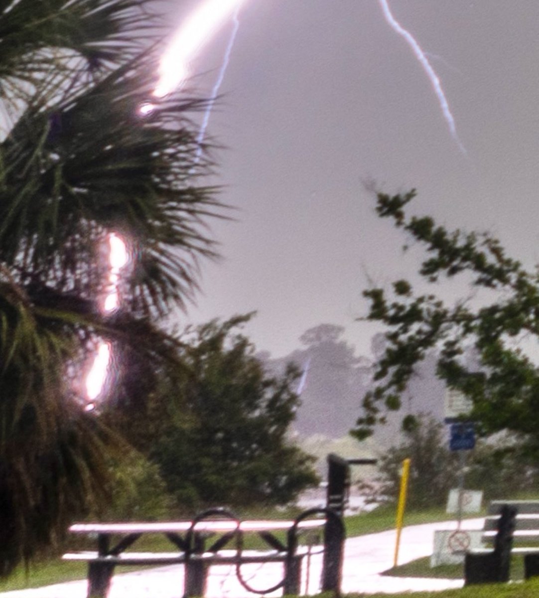 Close strike today from the storms in Venice, FL. Upward streamer visible on this strike too!

#flwx