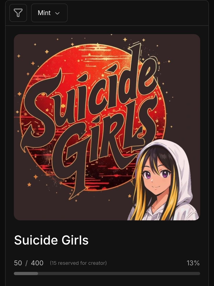 Attention! 🚨 50 suicide girls have been minted!

NFT GIVEAWAY TIME !

TO ENTER YOU MUST DO:
♦️ MINT 1 SUICIDE GIRL AND COMMENT PROOF
♦️ RETWEET AND LIKE THE POST

I will pick a winner in 24 hours! 

P.s. should I lower the price of the OG mint?