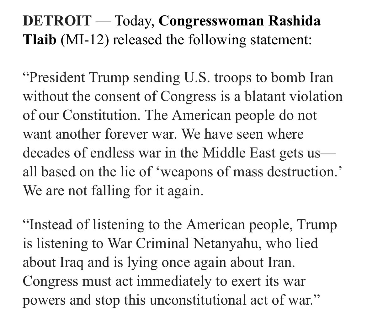 U.S. Rep. Rashida Tlaib (D) denounces the attack on sites in Iran:
