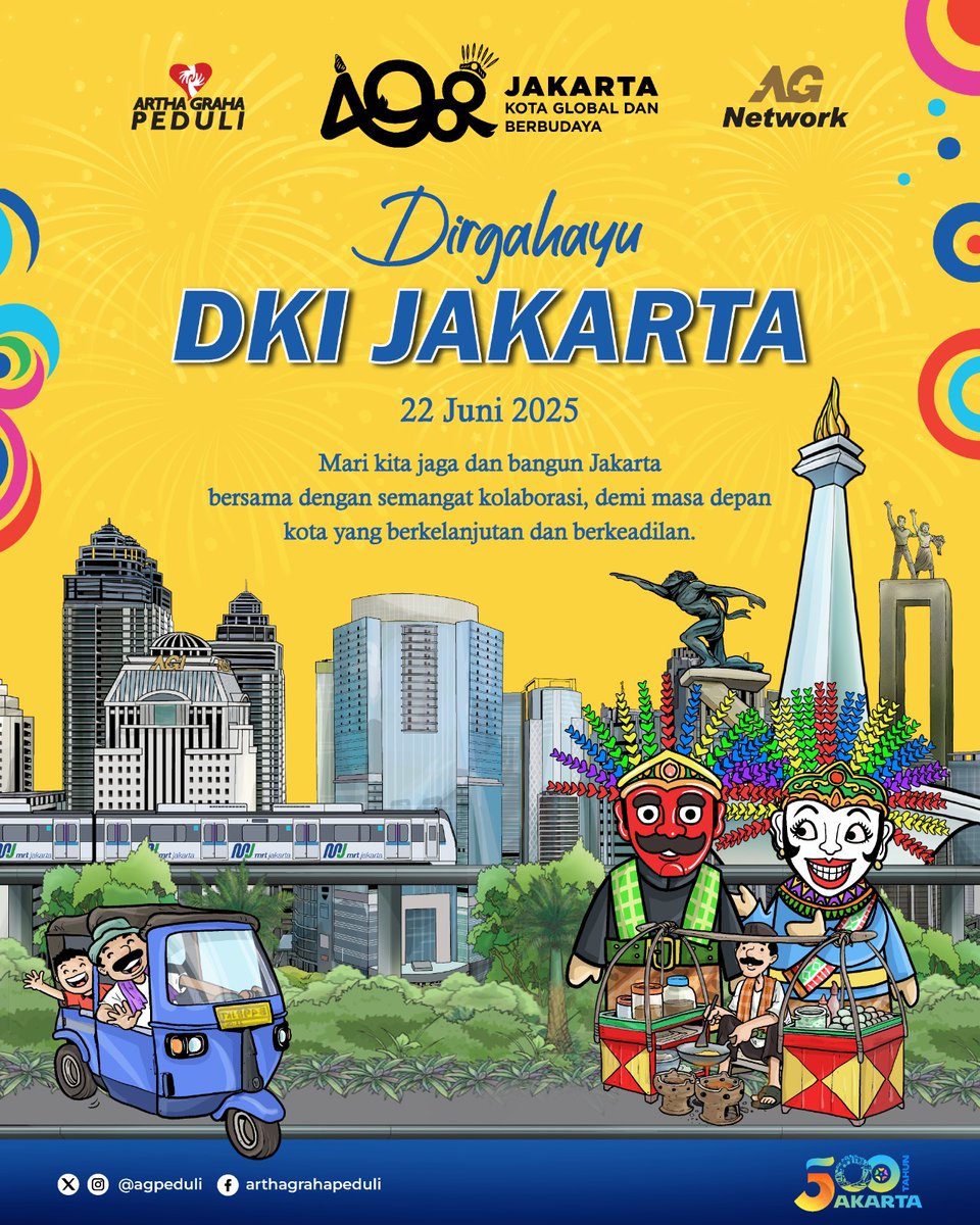 🎉 Dirgahayu DKI JAKARTA ke-498!
Mari kita jaga dan bangun Jakarta bersama dengan semangat kolaborasi, demi masa depan kota yang berkelanjutan dan berkeadilan.

#HUTDKIJakarta #JakartaKotaGlobal #AGPeduli #ArthaGrahaPeduli #DirgahayuJakarta #JakartaBerbudaya #JakartaBerkolaborasi