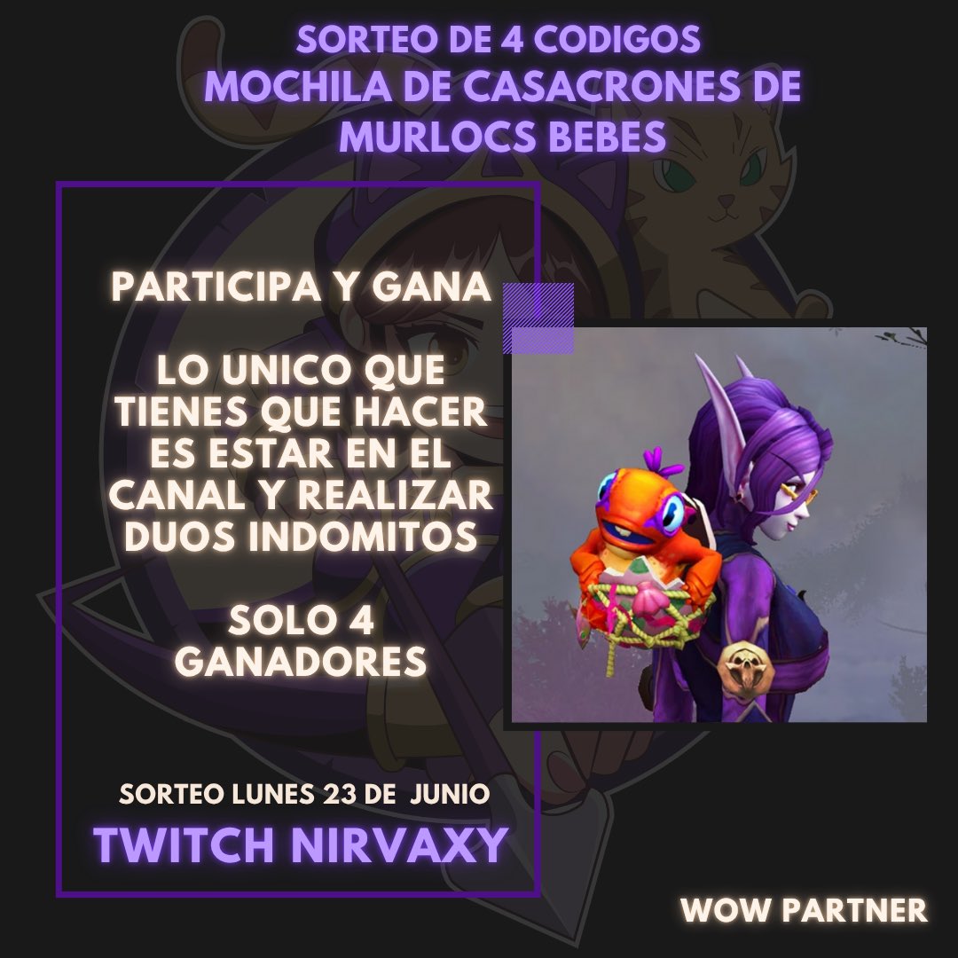 Gracias a la comunidad de Blizzard
<a href="/WarcraftLATAM/">Warcraft LATAM</a>

Sorteo de 4 CODIGOS. 
Lunes 23 de Junio en mi canal.  
Para participar  dar follow
<a href="/Nirvaxy/">Nirvaxy 🇲🇽</a>
Like y Retweet a la publicación.   
#WoWCreator #worldofwarcraft #DuosIndomitosWoW