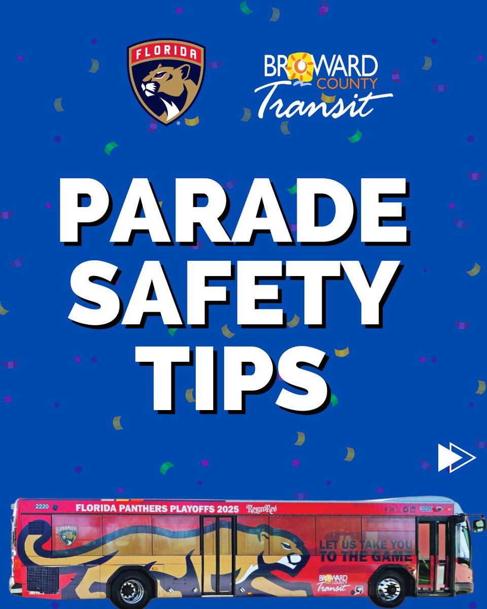 BrowardTransit's tweet image. Embrace the festivity worry-free! Follow our safety tips. #BCT Express is here for a smooth parade journey. 🎈
More information about our services for the @FlPanthers Parade at Broward.org/BCT/Parade
.
.
.
.
#BrowardTransit #BrowardCounty #FloridaPanthers #PanthersParade
