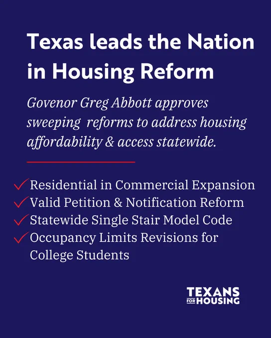 Gov. Abbott of Texas approves key housing bills in Texas - SB 840, HB 24, SB 2835, SB 2477 and SB 2477 (not listed in graphic)