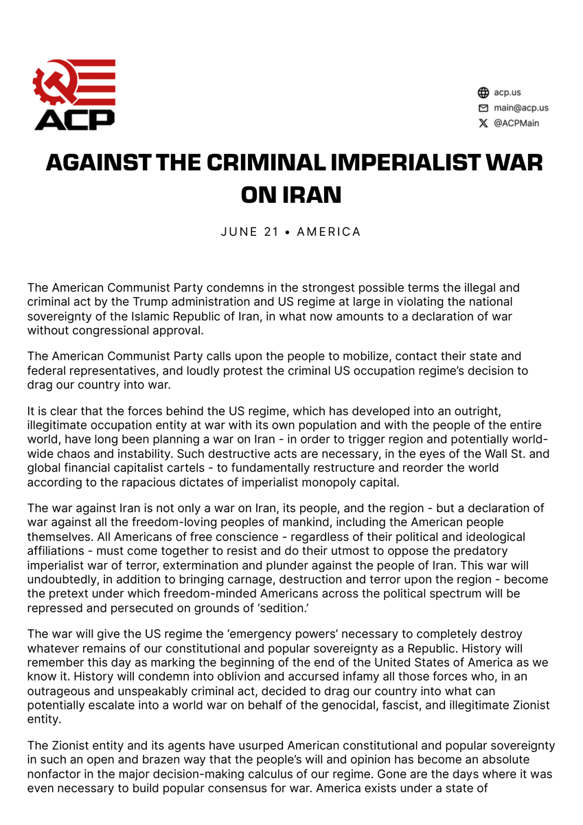 ACPMain's tweet image. The American Communist Party calls upon all freedom-loving Americans to UNITE against the illegal war of aggression on Iran!

No more fighting “Israel’s” wars!