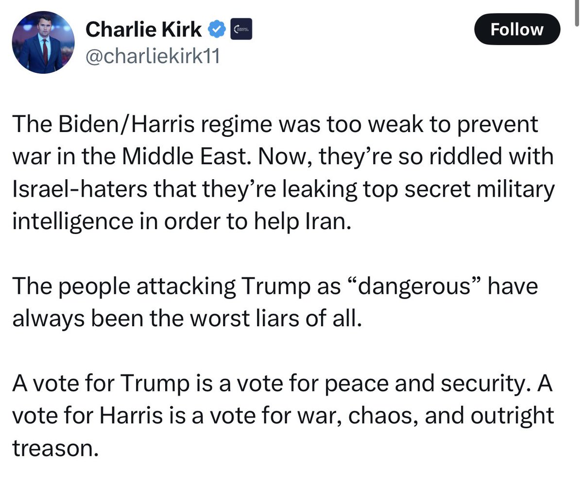 harryjsisson's tweet photo. @charliekirk11 In 2024, you said “The Biden-Harris regime was too weak to prevent war in the Middle East” and “A vote for Trump is a vote for peace.” Now, we’re at war with Iran.

Eat your words, you lying shit bag. https://t.co/A2YmsDPDCt