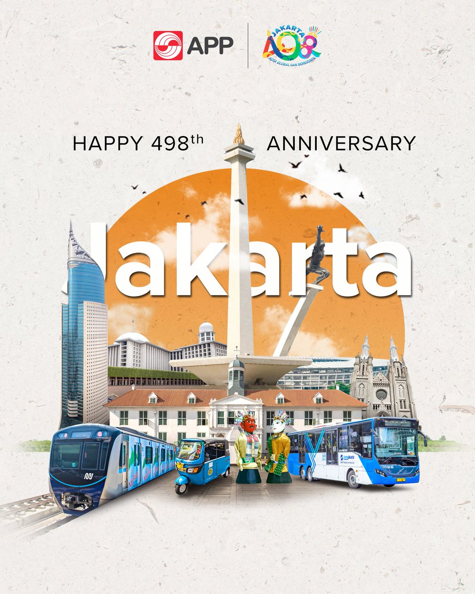 APP Group (@appgroup_id) on Twitter photo hAPPy People, today the City of Jakarta celebrates its 498th anniversary.
May Jakarta continue to grow into a city that is increasingly resilient, inclusive, and sustainable—a place where culture, innovation, and the spirit of collaboration thrive together.
#HUTJakarta hAPPy People, today the City of Jakarta celebrates its 498th anniversary.
May Jakarta continue to grow into a city that is increasingly resilient, inclusive, and sustainable—a place where culture, innovation, and the spirit of collaboration thrive together.
#HUTJakarta