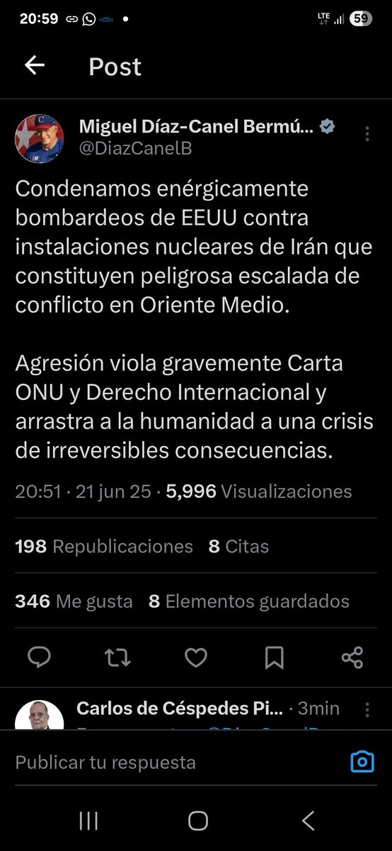 Condenamos bombardeos de #EEUU contra instalaciones nucleares de #Irán, constituye peligrosa escalada de conflicto en Oriente Medio. La agresión viola la Carta de la ONU y el Derecho Internacional.
#CubaPorLaPaz