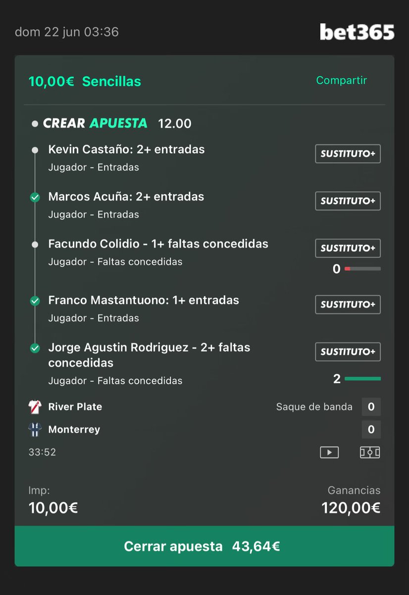 Tenemos un x4.5 ✅ si alguien quiere asegurar.

Queda 1 entrada y 1 falta.