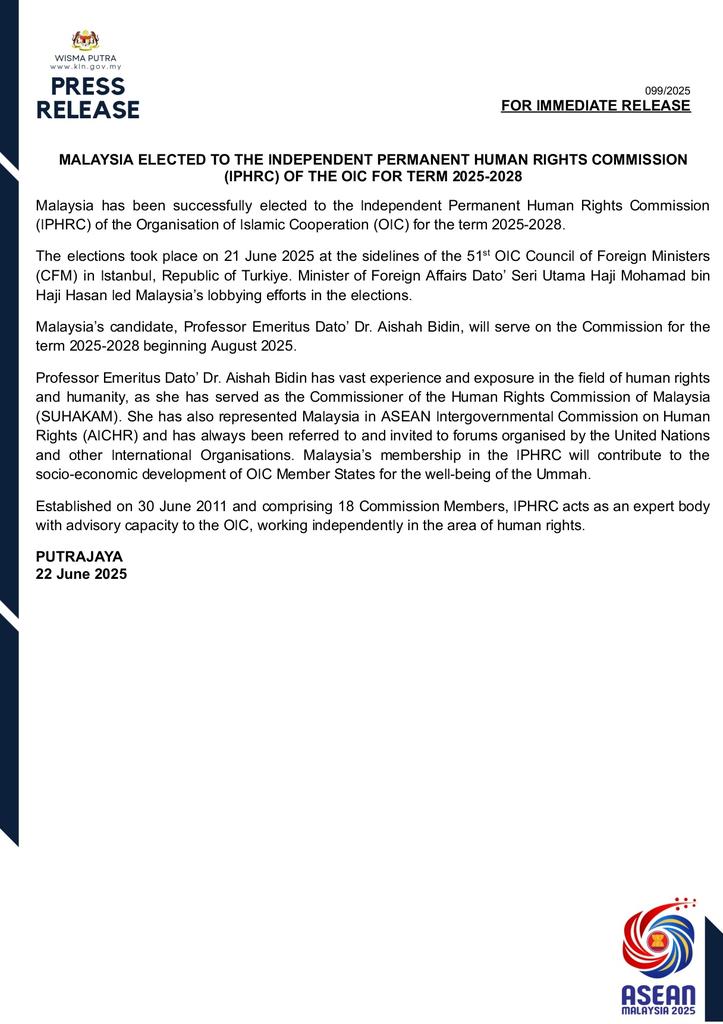 MalaysiaMFA's tweet photo. PRESS RELEASE: MALAYSIA ELECTED TO THE INDEPENDENT PERMANENT HUMAN RIGHTS COMMISSION (IPHRC) OF THE OIC FOR TERM 2025-2028 https://t.co/3WfqCJzotZ