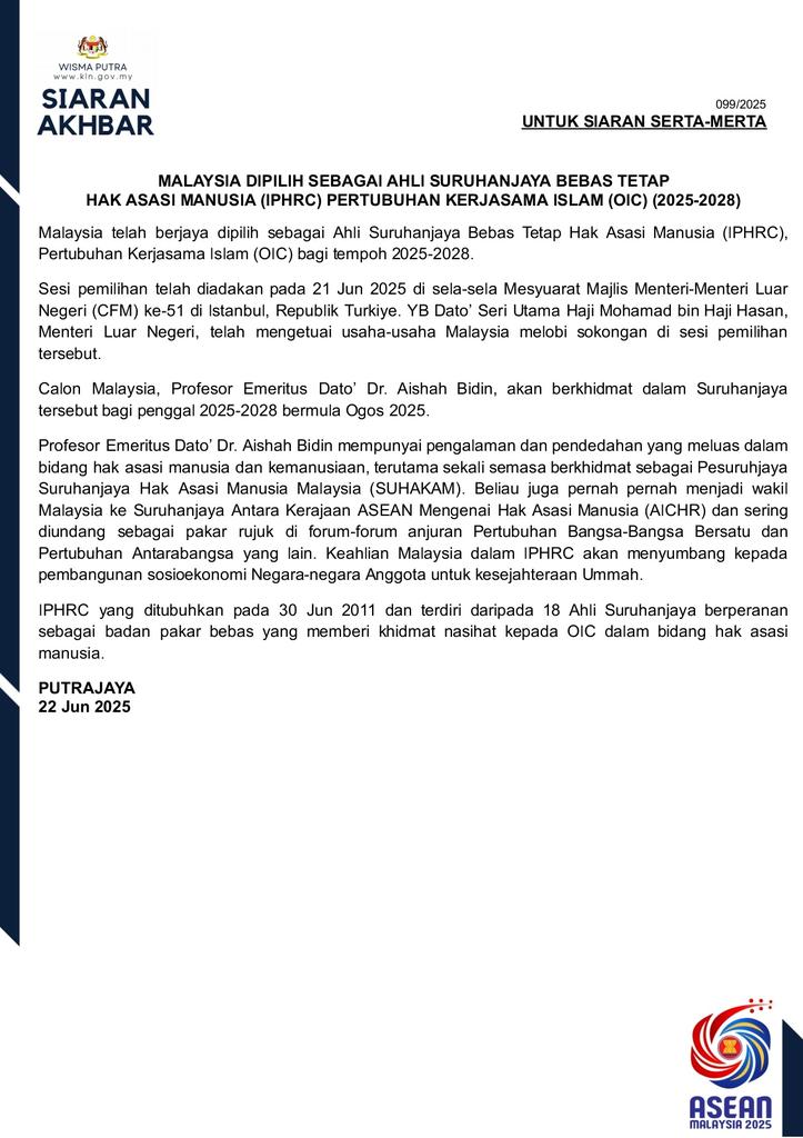 MalaysiaMFA's tweet photo. PRESS RELEASE: MALAYSIA ELECTED TO THE INDEPENDENT PERMANENT HUMAN RIGHTS COMMISSION (IPHRC) OF THE OIC FOR TERM 2025-2028 https://t.co/3WfqCJzotZ