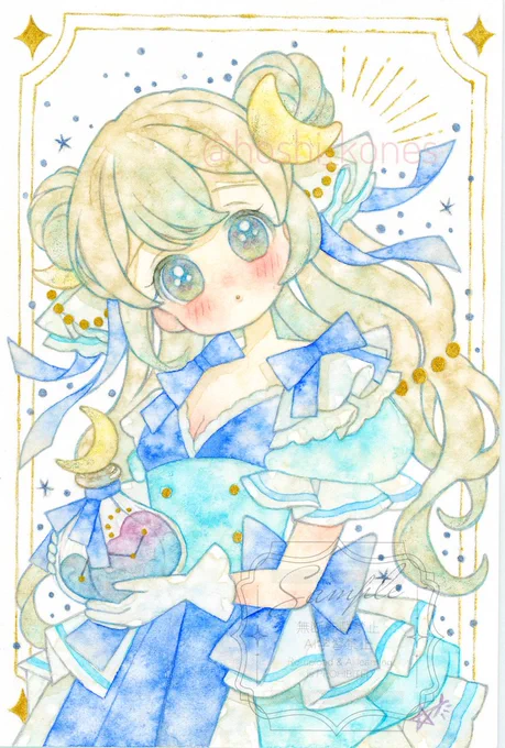 作品2.宵月の祈り子 ポストカードサイズ、透明水彩着色 #初夏のフレームレス展