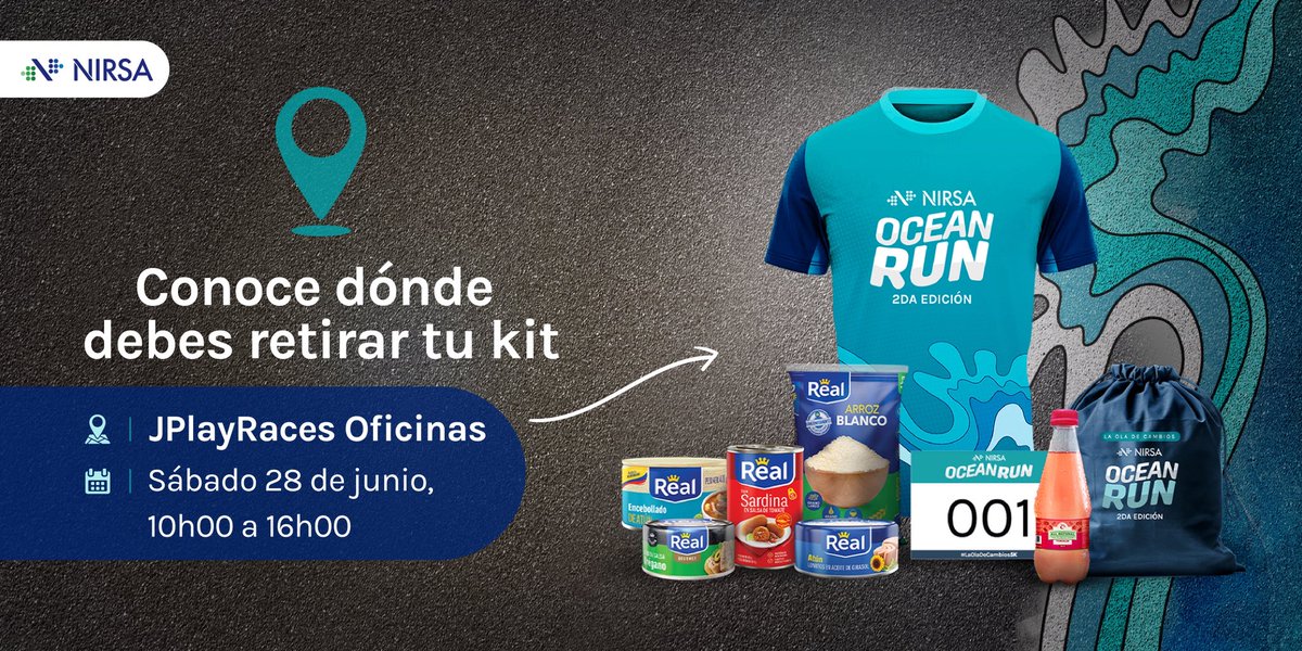 NIRSA (@nirsaoficial) on Twitter photo ¡Atención corredores! 📢
Este sábado 28 de junio es el día para retirar tu kit de la #NIRSAOceanRun 🌊
Dirígete a las oficinas de <a href="/JPlayRaces/">JPlayRaces</a> ubicadas en la Alborada 5ta etapa, mz IO, villa 13, Guayaquil; de 10h00 a 16h00.
Recuerda llevar tu cédula y comprobante de inscripción. ¡Atención corredores! 📢
Este sábado 28 de junio es el día para retirar tu kit de la #NIRSAOceanRun 🌊
Dirígete a las oficinas de <a href="/JPlayRaces/">JPlayRaces</a> ubicadas en la Alborada 5ta etapa, mz IO, villa 13, Guayaquil; de 10h00 a 16h00.
Recuerda llevar tu cédula y comprobante de inscripción.