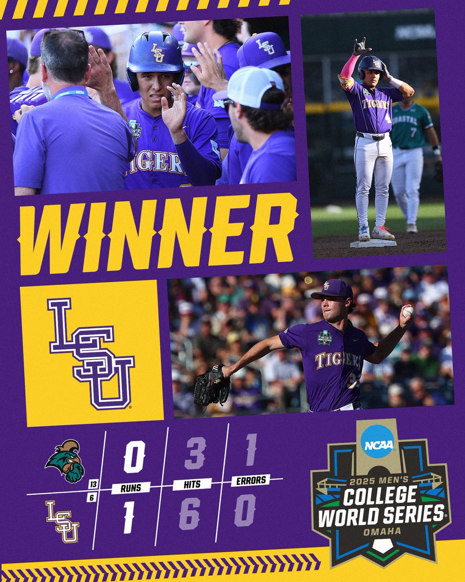 NCAABaseball's tweet photo. TIGERS ARE ONE GAME AWAY

(6) @LSUbaseball defeats (13) Coastal Carolina, 1-0.

#MCWS https://t.co/876PkuqYnG