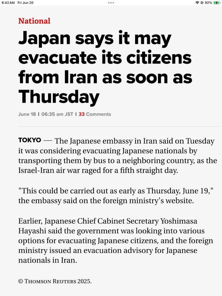 Mabuti pa ang Japan. Walang dramarama sa hapon o primetime news. Walang evasive pronouncements. May evacuation plan at may schedule. 

#IsraeliranWar