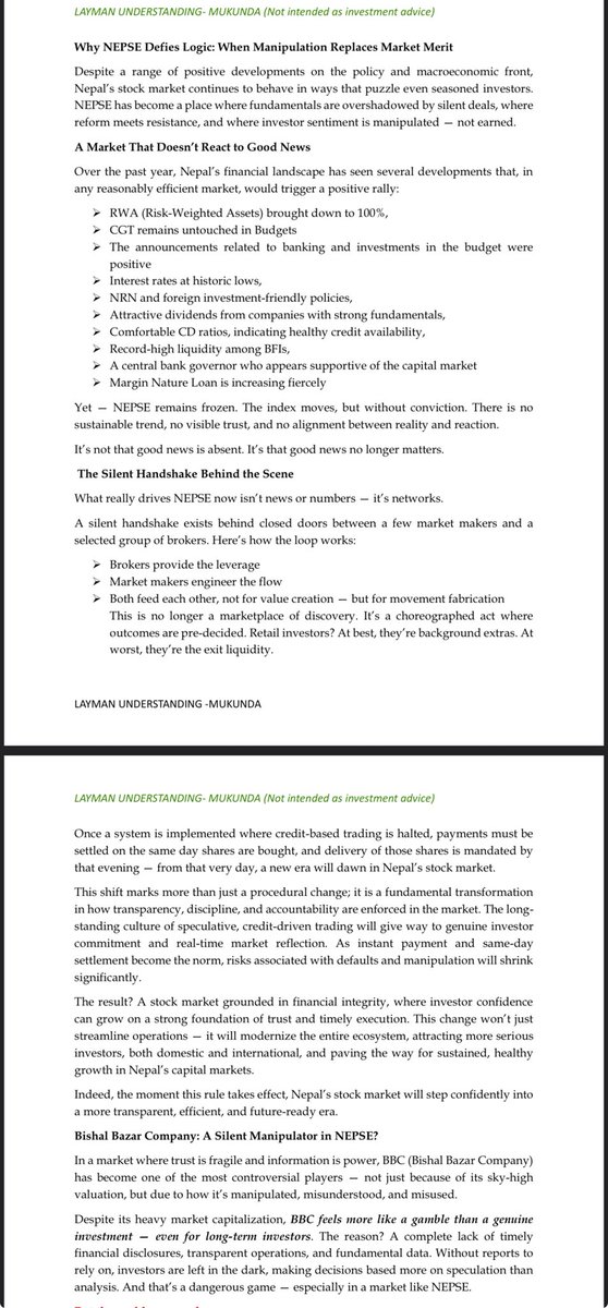 Mukunda_Chettri's tweet photo. #NEPSE Defies Logic
#Expectations in 4Th QTR Reports
#Manufacturing: The Delayed Rally
#Ashad-End Pressure is Different from Other Quarter-Ends
This is not a coincidence.
This is not market efficiency.
This is a system being gamed.
What Can Retail Investors Do?
1/N https://t.co/y02g5uOpvJ