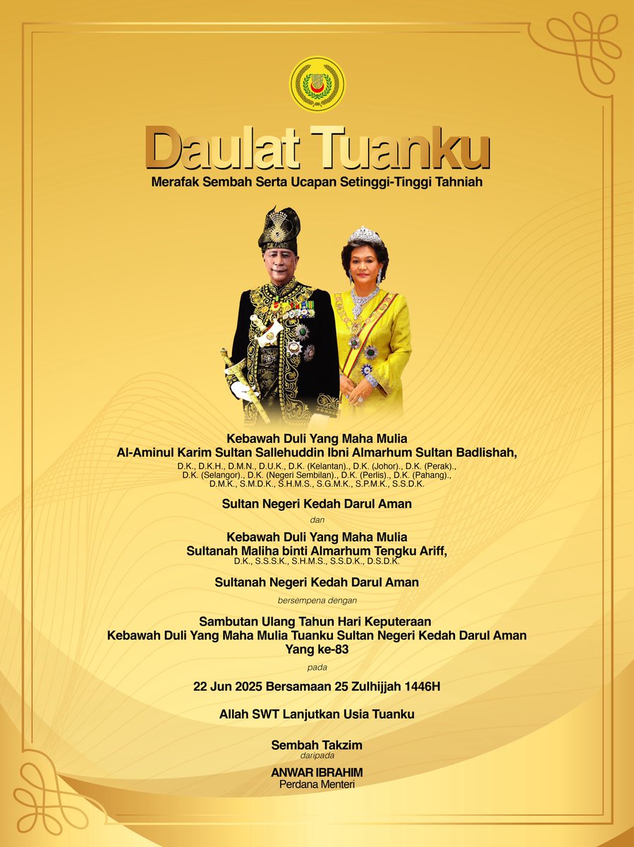 Merafak Sembah serta ucapan setinggi-tinggi tahniah sempena Sambutan Ulang Tahun Hari Keputeraan Ke-83, Kebawah Duli Yang Maha Mulia Al-Aminul Karim Sultan Sallehuddin Ibni Almarhum Sultan Badlishah, Sultan Negeri Kedah Darul Aman.

Patik mendoakan ke hadrat Allah Subhanahu Wa