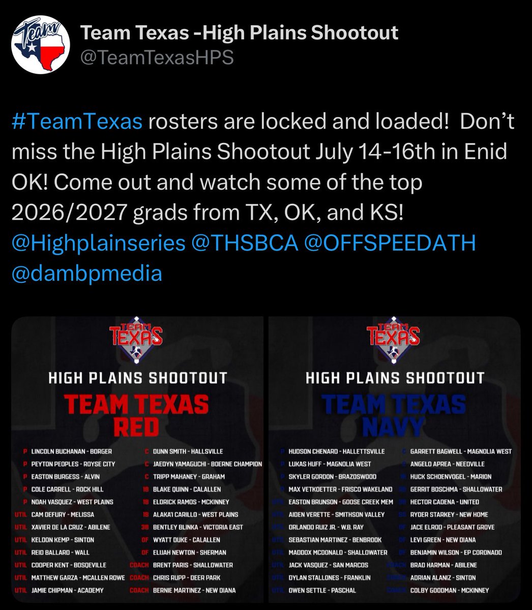 Angelo Aprea (@angeloaprea2027) on Twitter photo I’m honored to be selected to play for team Texas. Thanks to the coaches that nominated me I can’t wait to go out and represent Needville. Go Jays!
<a href="/RecruitMETx/">METx Recruiting</a>
<a href="/thecoachdurham/">Coach Durham</a>
<a href="/dlacomb22/">Drew LaComb</a>
<a href="/CalebLongley/">Caleb Longley</a>
<a href="/TRock01/">Tanner Rockwell</a>
<a href="/KyleSimonds14/">Kyle Simonds</a>
<a href="/ACBaseballGames/">Area Code Baseball</a>
<a href="/utahjones56/">Utah Jones</a>
<a href="/CoachHooker01/">CoachHooker</a> I’m honored to be selected to play for team Texas. Thanks to the coaches that nominated me I can’t wait to go out and represent Needville. Go Jays!
<a href="/RecruitMETx/">METx Recruiting</a>
<a href="/thecoachdurham/">Coach Durham</a>
<a href="/dlacomb22/">Drew LaComb</a>
<a href="/CalebLongley/">Caleb Longley</a>
<a href="/TRock01/">Tanner Rockwell</a>
<a href="/KyleSimonds14/">Kyle Simonds</a>
<a href="/ACBaseballGames/">Area Code Baseball</a>
<a href="/utahjones56/">Utah Jones</a>
<a href="/CoachHooker01/">CoachHooker</a>