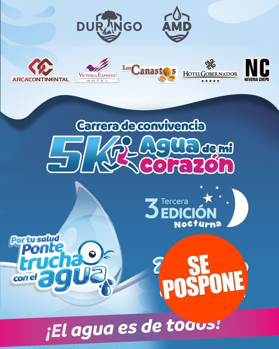 DANIEL RETA (@danielreta) on Twitter photo 🚨 Aviso importante 🚨 <a href="/DurangoCap/">Municipio de Durango</a> <a href="/AMD_Durango/">Aguas del Municipio de Durango</a>
Debido a las condiciones climáticas y priorizando la seguridad de todas y todos los participantes, la carrera “Agua de mi Corazón” programada para el día de hoy se pospone.
Sabemos que muchas y muchos esperaban con emoción este 🚨 Aviso importante 🚨 <a href="/DurangoCap/">Municipio de Durango</a> <a href="/AMD_Durango/">Aguas del Municipio de Durango</a>
Debido a las condiciones climáticas y priorizando la seguridad de todas y todos los participantes, la carrera “Agua de mi Corazón” programada para el día de hoy se pospone.
Sabemos que muchas y muchos esperaban con emoción este