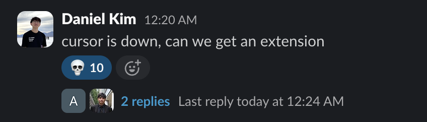 cursor went down for 15 minutes during a hackathon...

tragic <a href="/CalHacks/">Cal Hacks</a>