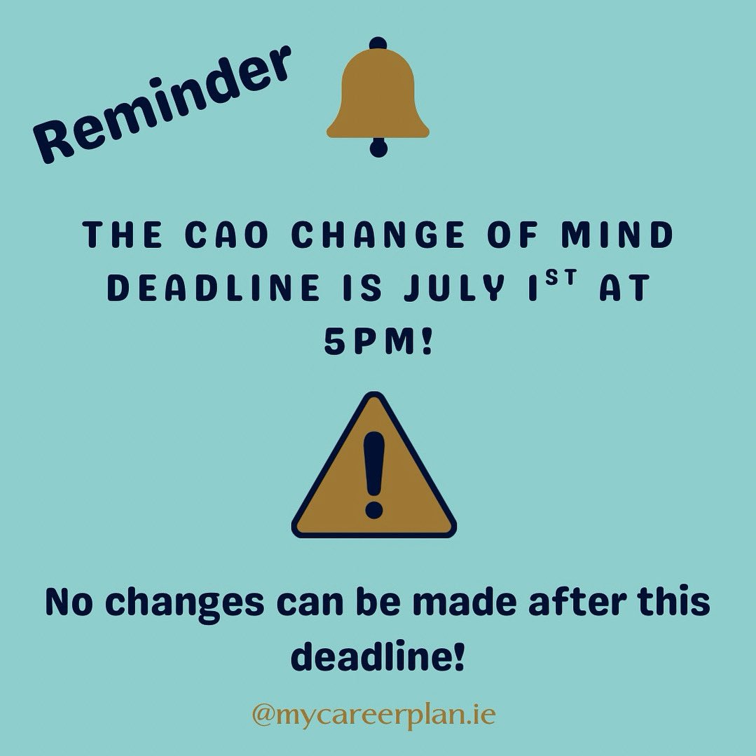 ‼️#CAO #changeofmind. Make sure all your details are accurate. list courses in ORDER OF PREFERENCE. If you have a language exemption make sure you have processed it correctly. 

➡️ To make changes, log on to cao.ie/myapplication

#CAO2025 #leavingcert2025 #leavingcert