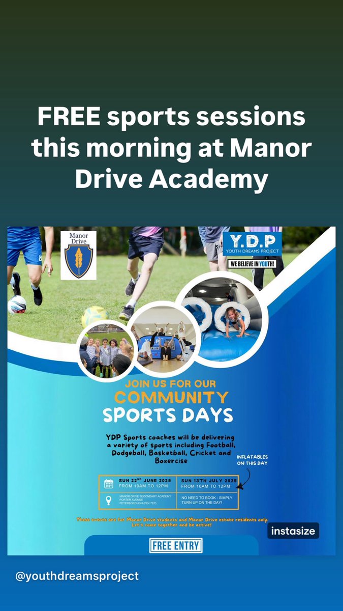 FREE fun sports session this morning at Manor Drive Academy! Just turn up! 

For Manor Drive Academy students only and people that live on the Manor Drive estate.