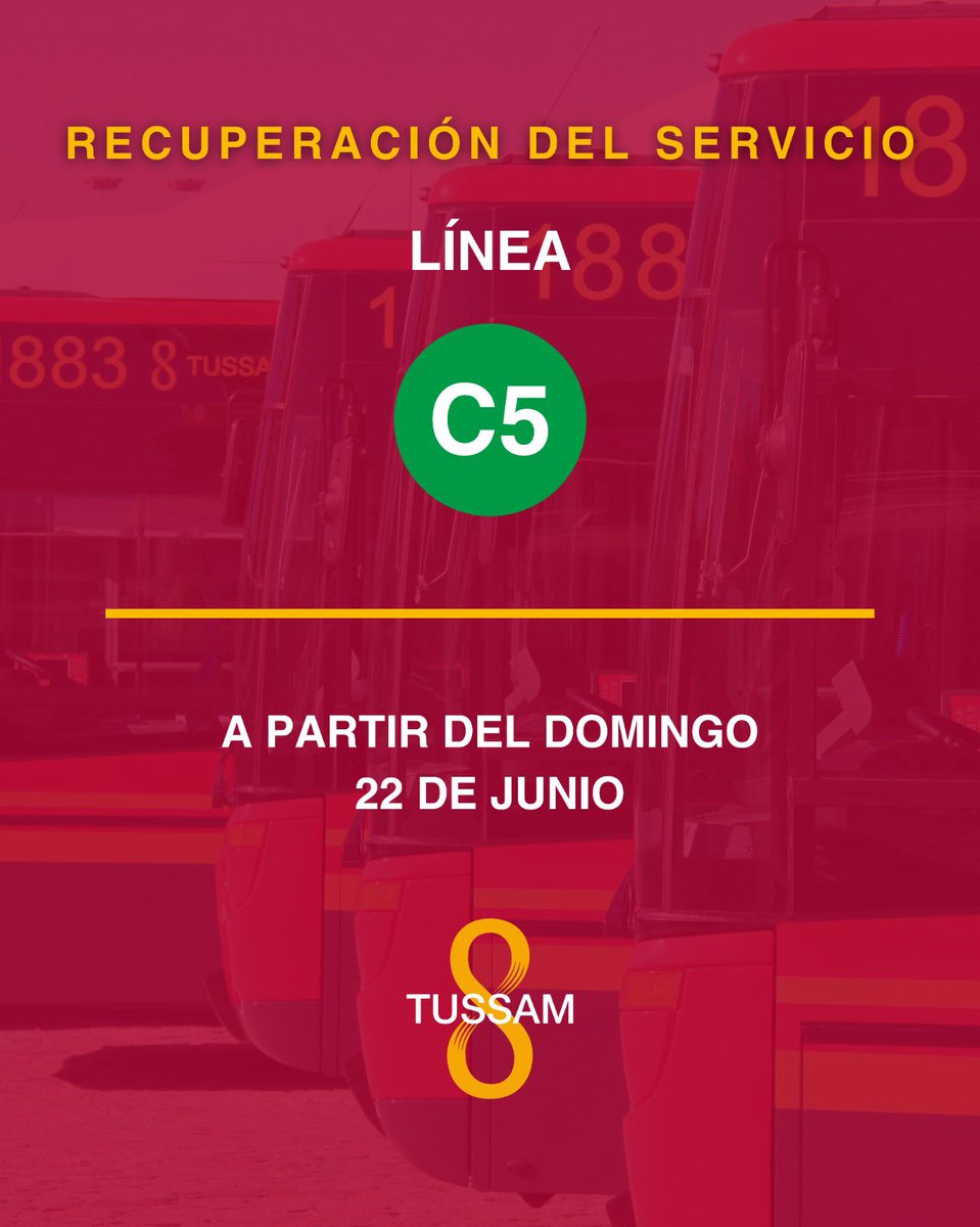 📢 Desde hoy vuelve a ponerse en funcionamiento la línea C5 de <a href="/tussamoficial/">TUSSAM</a> tras solventarse un problema técnico en el aire acondicionado de los microbuses de la línea.

Gracias a las medidas aplicadas, el servicio se reanuda con todas las garantías de confort y seguridad. 🚌💨