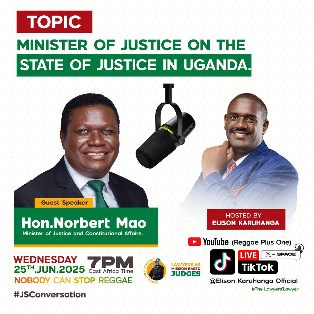 This Wednesday on our weekly X spaces, join us as we host the Minister of Justice and constitutional affairs on the state of Justice in Uganda.
#JusticeForAll #CaseBacklog #LegalSectorReform #UgandaLaw #BarAndBench 
#LawyersLawyer <a href="/elisonk/">Elison Karuhanga</a> <a href="/MuyaakaAlfred/">Alfred Muyaaka</a> <a href="/IamTheSparrow/">Joy E Mbabazi</a>