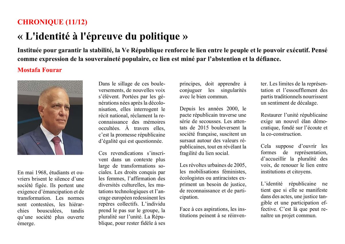 Mostafa Fourar (@mostafafourar) on Twitter photo Découvrez aujourd’hui la chronique 11 : “L’identité à l’épreuve du politique”. 
Et retrouvez dans La Dépêche du jour la chronique 7 : “L’ordre par l’épée, l’unité par l’État”. Découvrez aujourd’hui la chronique 11 : “L’identité à l’épreuve du politique”. 
Et retrouvez dans La Dépêche du jour la chronique 7 : “L’ordre par l’épée, l’unité par l’État”.