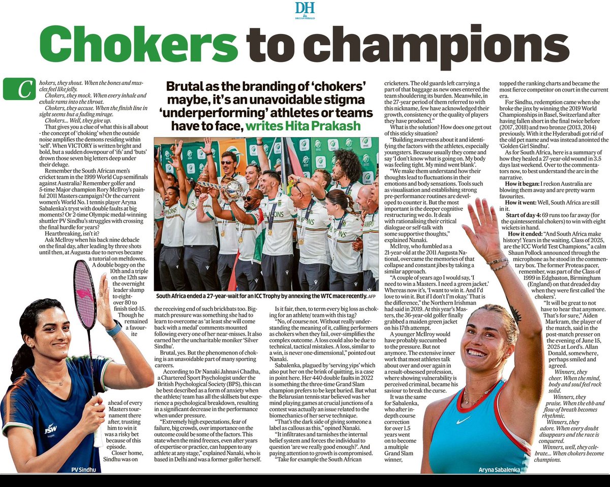 Hita Prakash (@hitaprakash) on Twitter photo What is 'choking' in sports? What are the factors causing it? What are the repercussions of labelling an athlete/ team as 'chokers'? How do the ones at the receiving end shut the outside noise & quieten the demons within?
Link shorturl.at/iCQK3
<a href="/DeccanHerald/">Deccan Herald</a> <a href="/NanakiJChadha/">Dr Nanaki J. Chadha</a> What is 'choking' in sports? What are the factors causing it? What are the repercussions of labelling an athlete/ team as 'chokers'? How do the ones at the receiving end shut the outside noise & quieten the demons within?
Link shorturl.at/iCQK3
<a href="/DeccanHerald/">Deccan Herald</a> <a href="/NanakiJChadha/">Dr Nanaki J. Chadha</a>