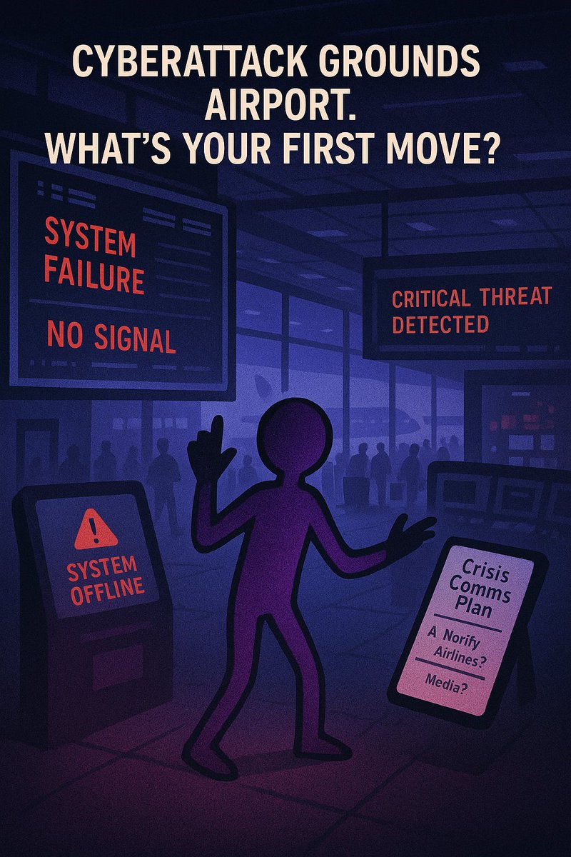 BeST_Wargaming's tweet photo. Familiar headline: “Cyberattack Grounds Major Airport”

Kiosks crash. Flights freeze. Screens go dark.

✈️ Do you ground all flights or go manual?
📣 Speak now or wait for recovery?
🧑‍💻 Fix passenger systems or backend ops?

Could your team restore order before panic sets in? https://t.co/sejgA1t6tM