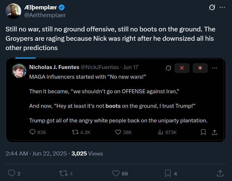 _failedsociety's tweet image. This is @Aelthemplaer's "proof" of Nick promising boots on the ground btw. I used to think these people were purposefully subversive but I'm now realizing their IQ is literally just too low to grasp basic rhetoric.