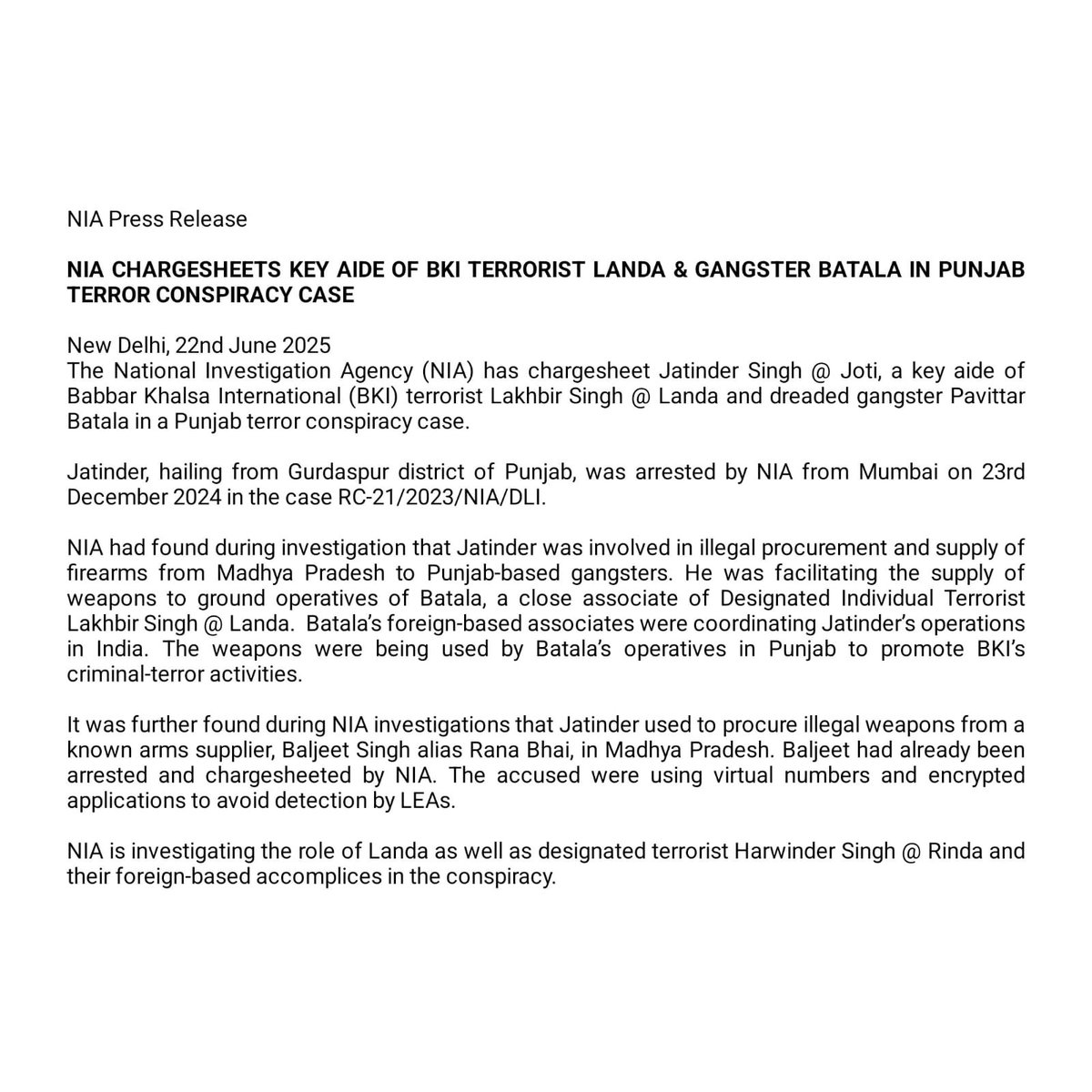 NIA Chargesheets Key Aide of BKI Terrorist Landa &amp; Gangster Batala in Punjab Terror Conspiracy Case