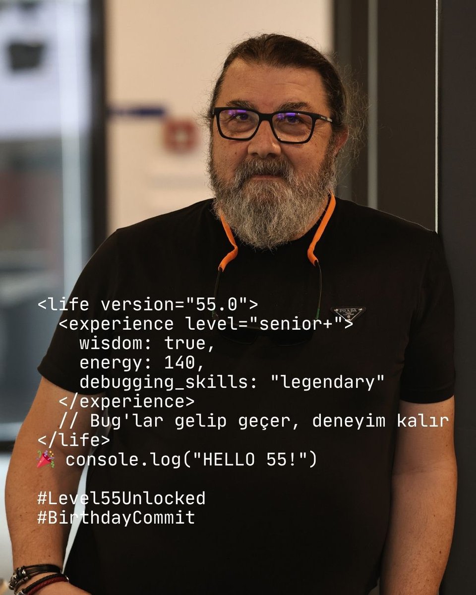 muratcanbaz's tweet photo. <life version="55.0">
  <experience level="senior+">
    wisdom: true,
    energy: 100,
    debugging_skills: "legendary"
  </experience>
  // Bug'lar gelip geçer, deneyim kalır 💪
</life>
console.log("HELLO 55!")

#Level55Unlocked  
#BirthdayCommit https://t.co/4e9DsKdly0