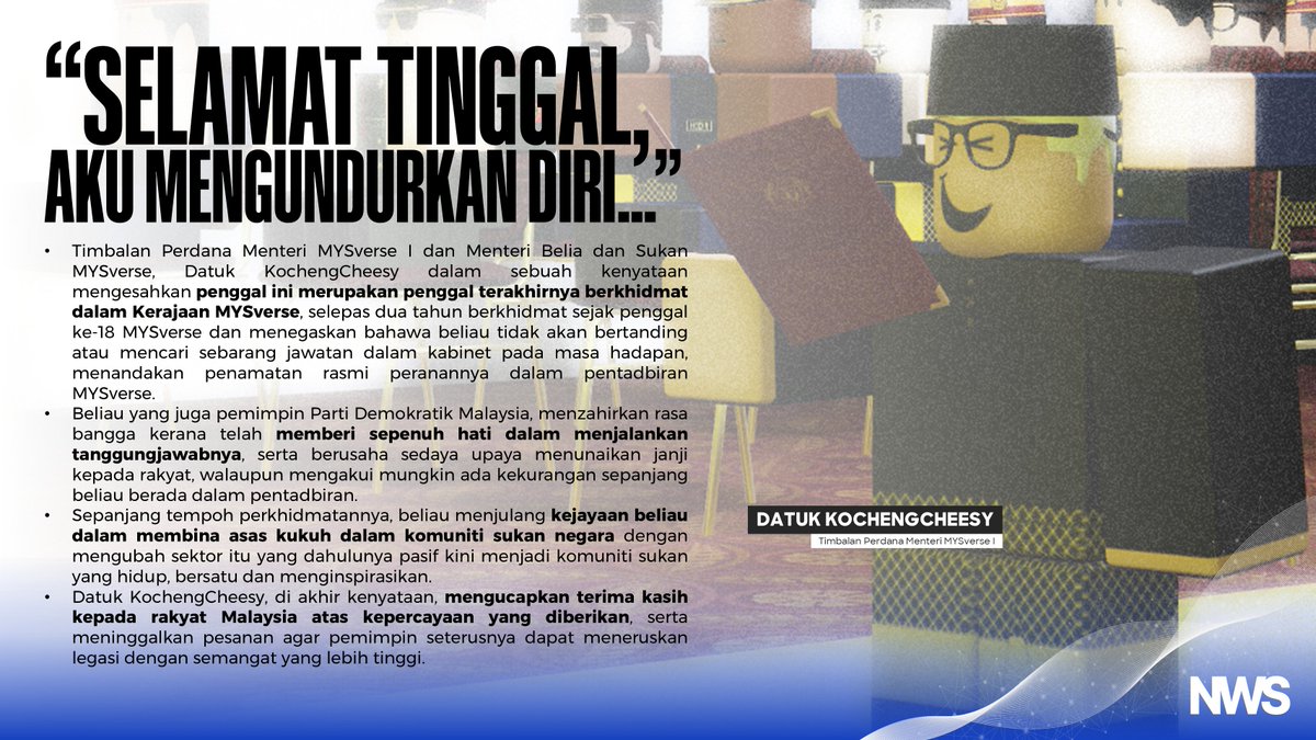 Pemimpin Parti Demokratik Malaysia, Datuk KochengCheesy, mengumumkan pengundurannya daripada kabinet selepas dua tahun berkhidmat dan berharap legasi dan kejayaannya membina komuniti sukan yang bersatu diteruskan oleh pemimpin akan datang.

drive.google.com/file/d/1jAqUCY…