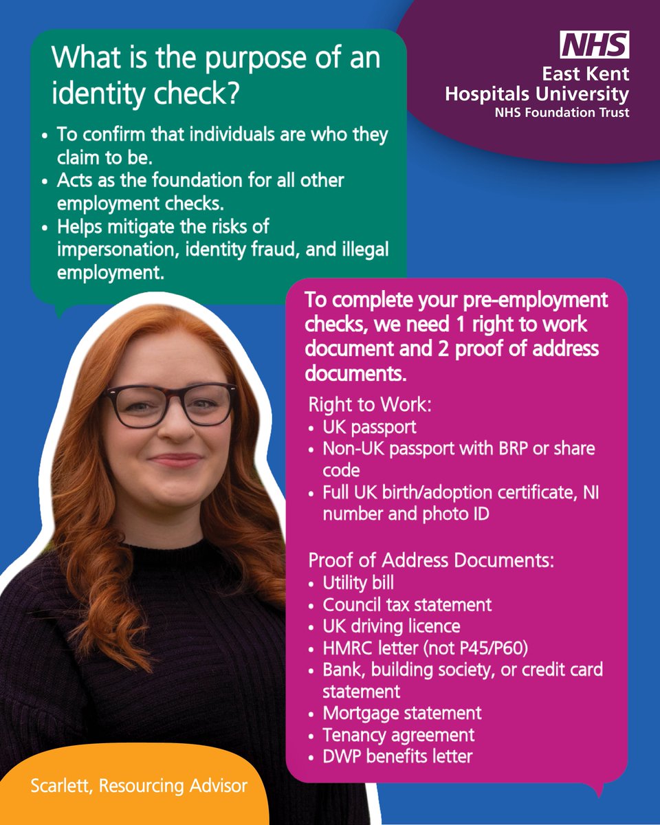 Pre-Employment Check #1: Identity Checks

Before you join EKHUFT, we need to confirm your identity — it’s the foundation for all other pre-employment checks. ✅

Getting this step right helps us get you started sooner 💙 

#NHSJobs #NHSRecruitment #NHS