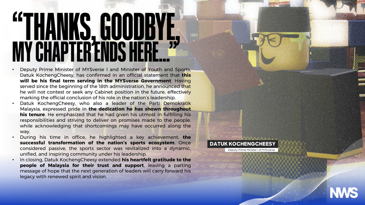 Leader of Parti Demokratik Malaysia, Datuk KochengCheesy, announced his resignation from the Cabinet after two years of service, expressing hope that his legacy and success in building a united sports community will be continued by future leaders.

drive.google.com/file/d/1jAqUCY…
