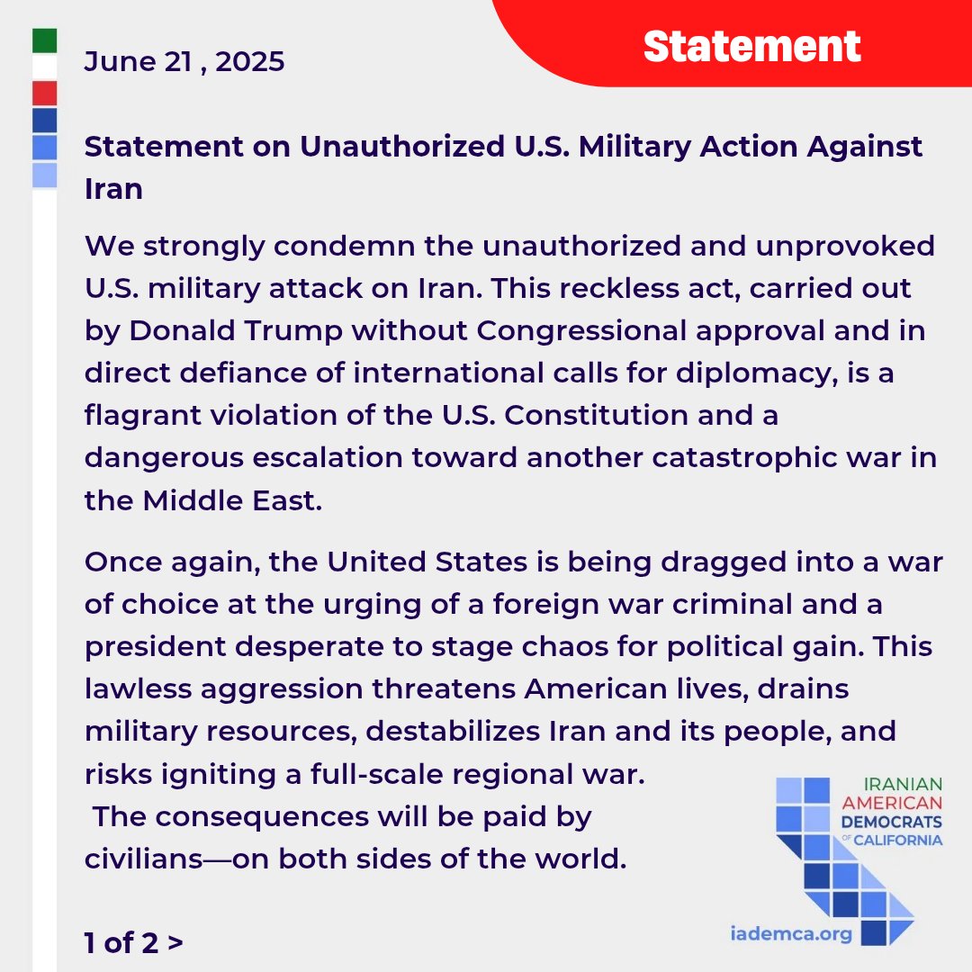 iraniandems's tweet photo. Statement on Unauthorized U.S. Military Action Against Iran

We strongly condemn the unauthorized and unprovoked U.S. military attack on Iran. This reckless act, carried out by Donald Trump without Congressional approval and in direct defiance of international calls for diplomacy https://t.co/qy8epDprAt