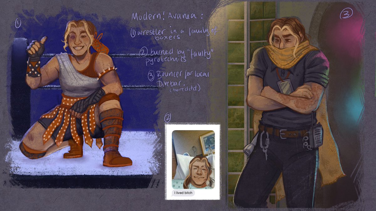 LJSarts's tweet image. This week's art jam prompt is Modern Au: Ava would be a wrestler who speaks up about bad practices of the larger company she's performing under and getting burned (literally by '''faulty''' pyrotechnics) She's picking up gigs as a stand in bouncer at local dive bars. #tdyoct